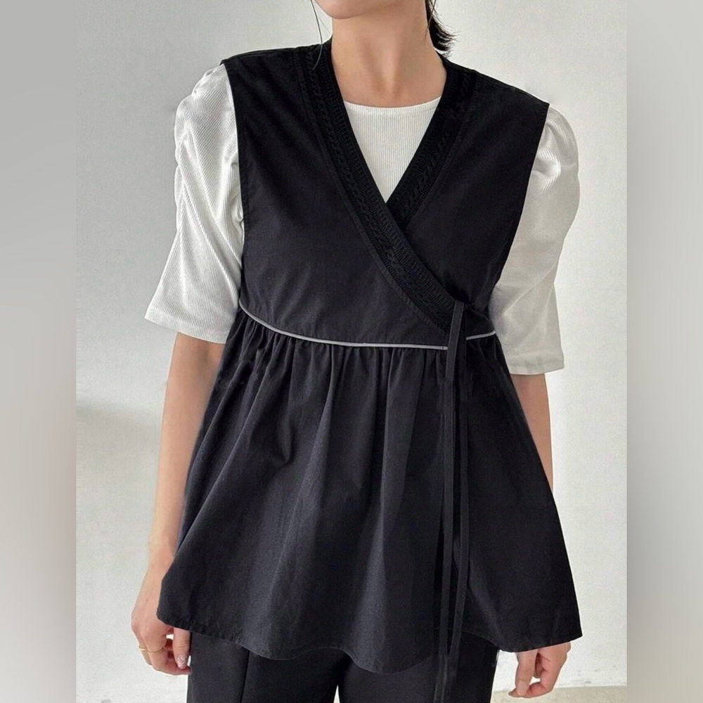 Black Sleeveless Wrap Blouse with Side Tie
